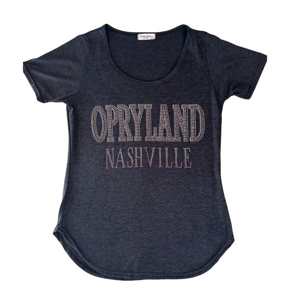 Opryland Nashville Bling Short Sleeve Scoop Neck T-Shirt Dark Gray Women's Small